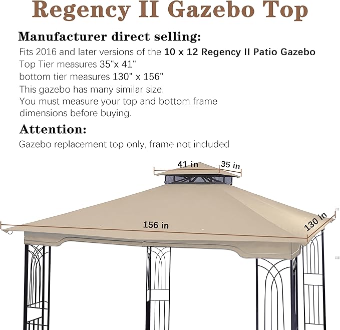 SCOCANOPY Replacement Gazebo Canopy for 10 x 12 Regency II Patio Gazebo Model L-GZ798PST,A101004104,A101004105,(Light Beige)