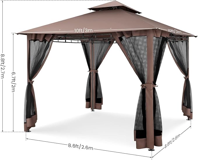 COBIZI Gazebo 10x10 Heavy Duty Gazebos with Improved Nettings Outdoor Gazebo Double Roof Patio Gazebos with Metal Steel Frame Outdoor Canopy for Patio, Deck, Backyard-Brown