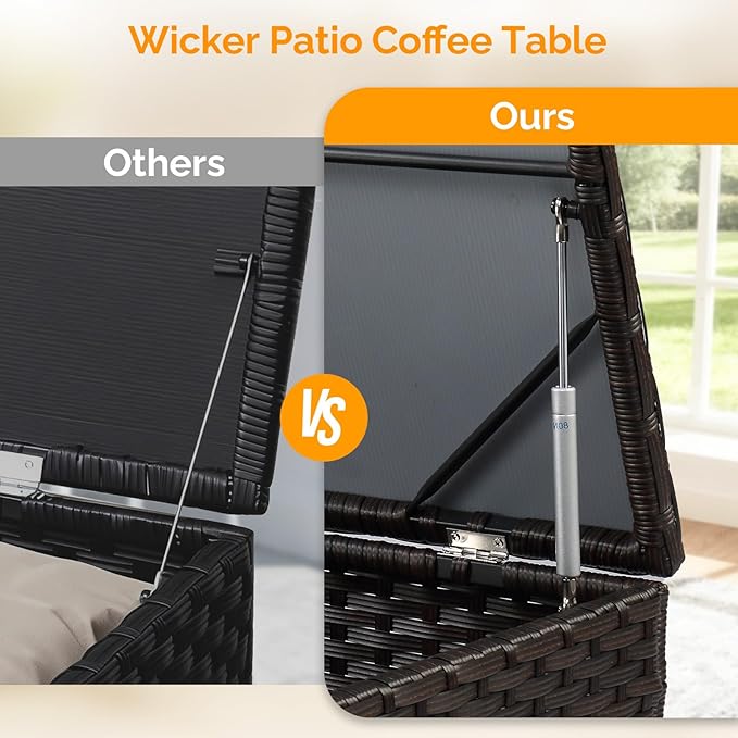VINGLI Outdoor Coffee Table with Storage, All-Weather Dark Brown Wicker Patio Table for Garden, Balcony, Backyard