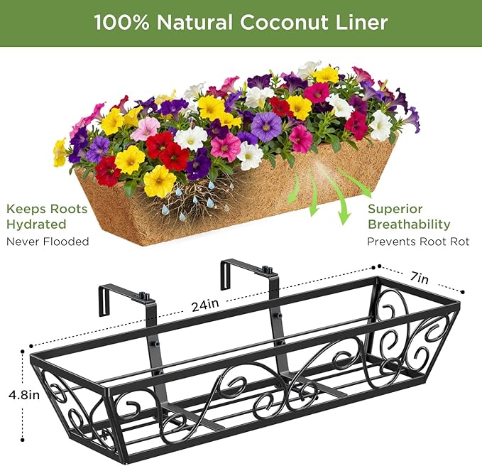 Y&M 24 Inch Window Deck with Coco Liner, Fence Metal Hanging Flower Planter Window Basket Deck Railing Planter Boxes for Outdoor Garden Lawn-Butterfly,2pcs