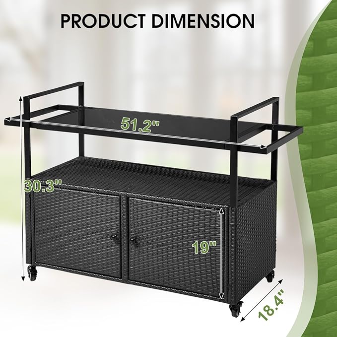 VINGLI Wicker Outdoor Bar Cart with Storage and Wheels, Outdoor Bar Table Serving Cart Rattan Bar Cart with Glass Top and Shelf for Pool, Party, Backyard, Porch (Black)