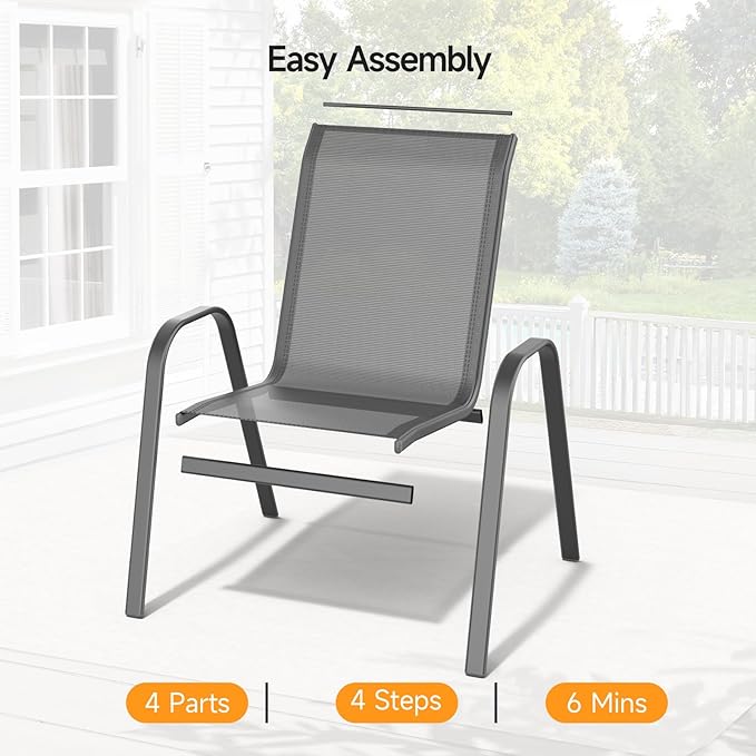 ONBRILL Patio Chairs set of 2, Easy Assembly Stackable Outdoor Dining Chairs with Wide Seat and Sturdy Metal Frame, Breathable All Weather Textilene Outdoor Chairs Set of 2 for Deck, Pool, Porch, Grey