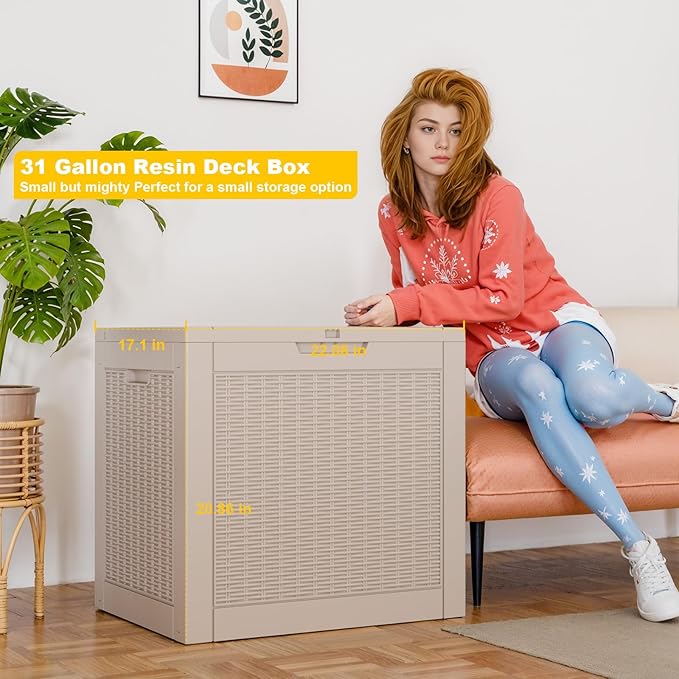 DRATO 31 Gallon Deck Box, Outdoor Storage Box for Patio Cushion, Garden Tools, Waterproof Resin Storage Box (Gray，31 Gallon)