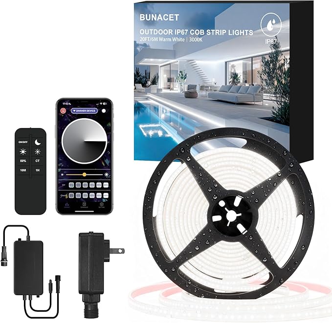 20ft COB Outdoor LED Strip IP67 Waterproof, 6500K Cold Whit DC24V Flexible LED Rope Strips with Remote & App Control Dimmable, DIY Lighting for Indoor, Outdoor, Bedroom, Garden, Patio