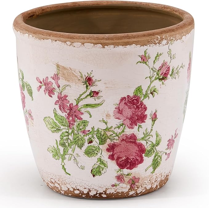 Vintage Ceramic Planter with Drainage Hole, Plastic Tray & Mesh, 6.5 Inch - Indoor/Outdoor Flower Pot, Pink Floral Rustic Farmhouse Design Plant pot for Home, Office & Garden Décor, Ideal Gift