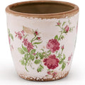 Vintage Ceramic Planter with Drainage Hole, Plastic Tray & Mesh, 6.5 Inch - Indoor/Outdoor Flower Pot, Pink Floral Rustic Farmhouse Design Plant pot for Home, Office & Garden Décor, Ideal Gift