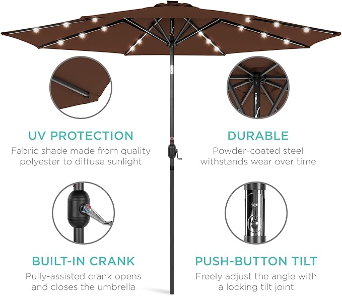 Best Choice Products 10ft Solar Polyester LED Lighted Patio Umbrella w/Tilt Adjustment and UV-Resistant Fabric