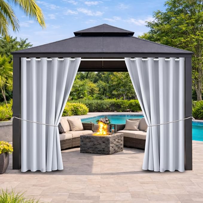 Water Proof Outside Curtains with Grommet Top for Porch, W84 x L95 Thermal Insulated Washable Light Block Outdoor Divider Drapes for Patio Gazebo Deck Pool Area Pergola Cabana (2 Panels)