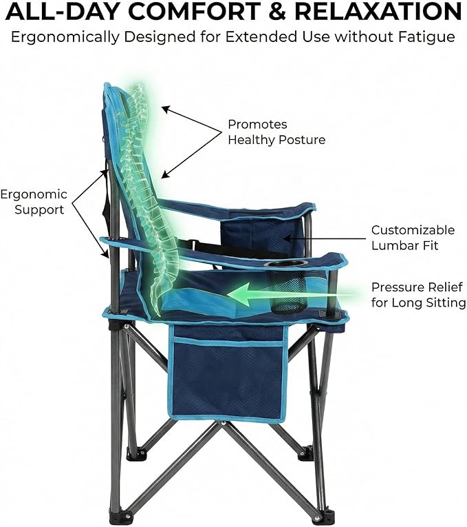 FAIR WIND 2 Pack Heavy Duty Camping Chair, Oversized Padded Folding Chair for Big and Tall (450lbs), Extra Wide Seat with Integrated Cooler & Storage Pocket, Adjustable Lumbar Support for Outdoor