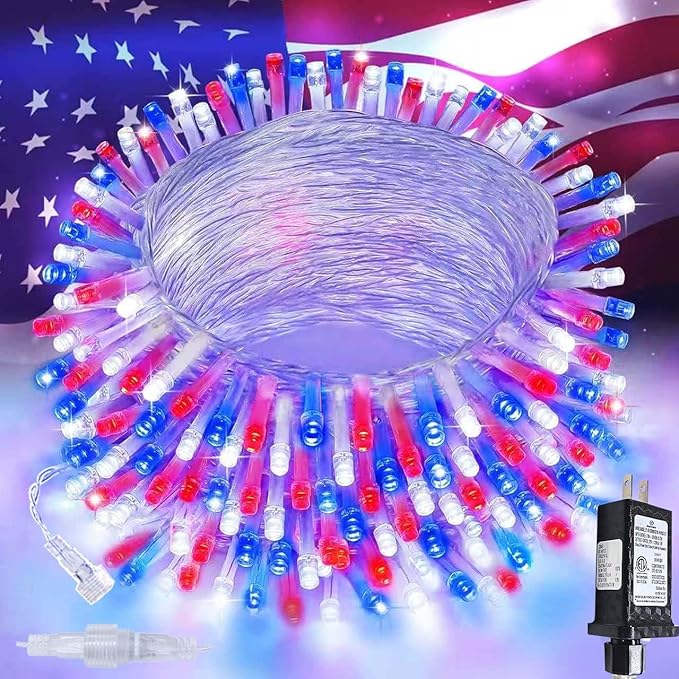 4th of July Decorations Red White and Blue Lights, 200 LED 66FT String Light Plug-in, 8 Modes 4th of July Lights for Indoor Outdoor Independence Day Memorial Day American Flag Patriotic Holiday Decor
