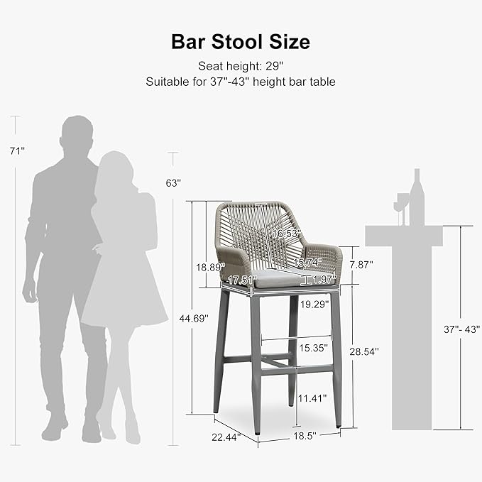 PURPLE LEAF Outdoor 29" Wicker Bar Stools Set of 2, Boho Patio Bar Height Chair with Cushion and Back for Outdoor and Indoor, Garden, Patio, Light Grey