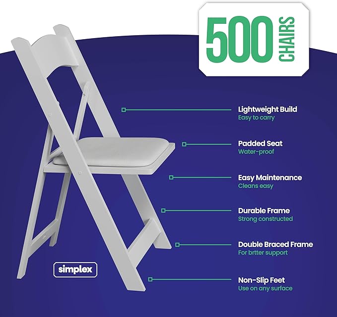 SIMPLEX 500 White Folding Chairs – Resin Stackable Foldable Chairs with Padded Seats – Comfortable White Folding Chairs for Indoor/Outdoor Events – Lightweight Resin Chairs (500 Pack)