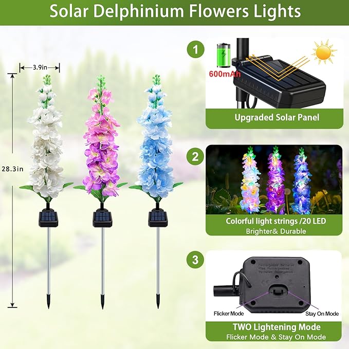 Solar Garden Lights, 6 Pack 20 LEDs Solar Delphinium Flowers Lights Gifts for Mom Grandma Women, Waterproof Solar Outdoor Lights Two Lighting Modes for Wedding Garden Yard Patio Decor