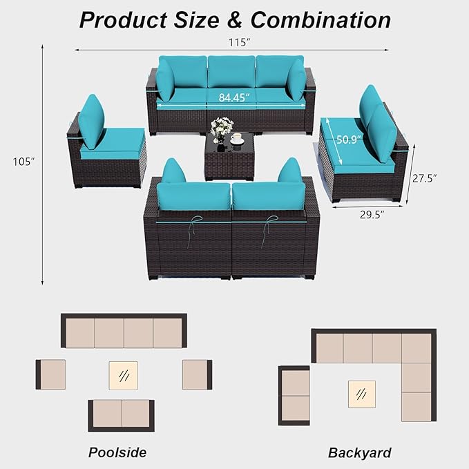 ALAULM Patio Furniture Set with Coffee Table, 9 Pieces Outdoor Sectional with Wide Seat and Thick Cushion, All Weather Wicker Rattan Conversation Set for Backyard, Garden, Deck, Turquoise