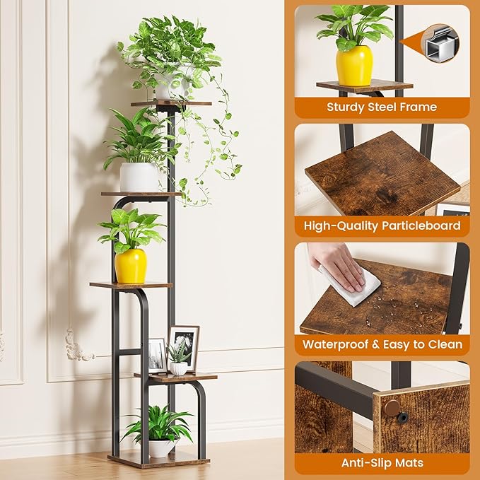 5 Tier Plant Stand Indoor, Plant Shelf for Multiple Plants, Flower Pot Holder Shelf, Planter Display Rack for Patio Garden Balcony Living Room Bedroom Decor, Rustic Brown