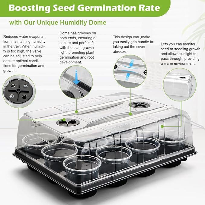 3 Pack 12 Cell Seed Starting Trays with Clear Domes and Growing Lights & 4 Inch Clear Seedling Pots 36 Pack, Plant Nursery Faster Propagation Kit 3 Sets for Seeds Vegetables Herbs
