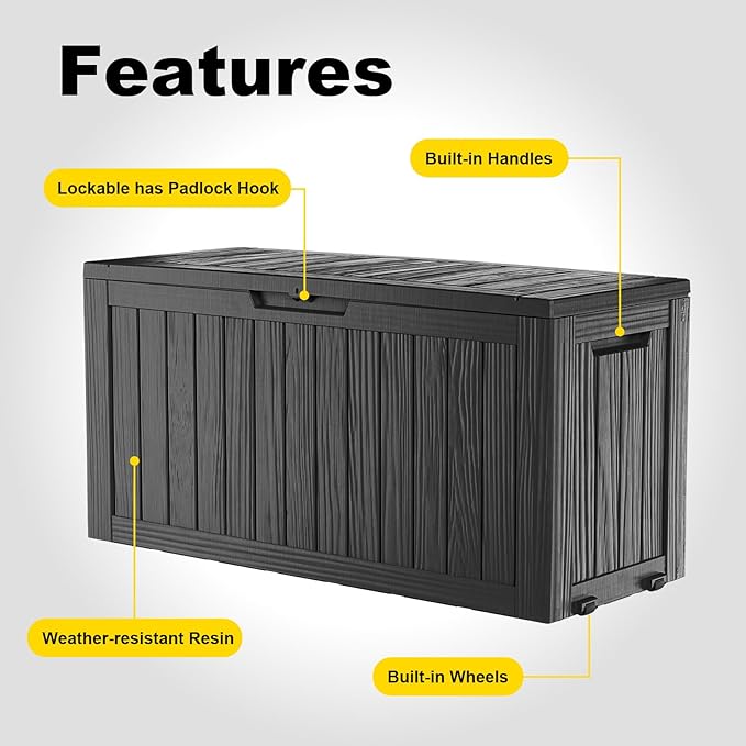 ROJIK Outdoor Storage Box with Wheels – 85 Gallon Mobile Waterproof Resin Deck Box, Lockable Storage for Patio Cushions, Garden Tools, Pool Accessories – UV-Resistant Storage Bench for Backyard & Deck