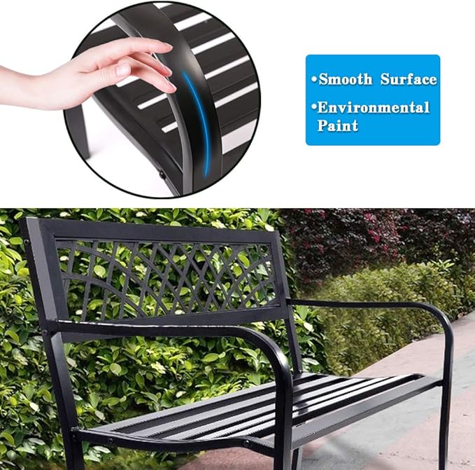 FDW Garden Bench Bench Park Outdoor Bench for Patio Metal Bench Park Bench with Plastic Backrest Armrests Sturdy Steel Frame Furniture for Yard Porch Work Entryway, Black