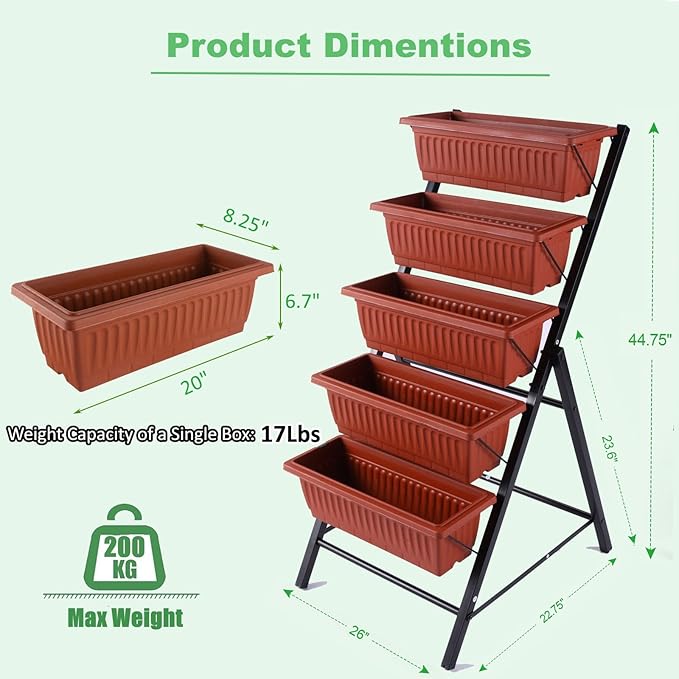 Homdox 5-Tier Elevated Garden Bed- Freestanding Vertical Raised Bed for Gardening, 5 Garden Planter Boxes and 5 Hooks, Perfect to Grow Vegetables Herbs Flowers Indoor(Brick Red)