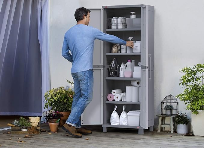 Keter Storage Cabinet with Doors and Shelves for Laundry Room, Garage, Bathroom Accessories, Closet and Home Organization, White & Grey