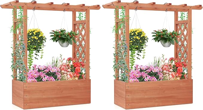 Giantex Set of 2 Raised Garden Bed with 2-Sided Trellis & Hanging Roof, Fir Wood Planter Box w/Drainage Holes, Freestanding Garden Planter for Flowers Herbs Climbing Vines (43"x15"x45")