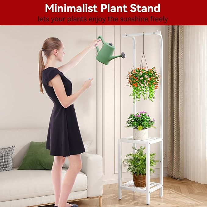 IBUYKE 67 Inch Tall Plant Stand Indoor Outdoor, 3 Tier Metal Hanging Plant Shelf for Multiple Plant, Heavy Duty Plant Holder Flower Stand for Living Room Patio Balcony Garden, White TMJ076W