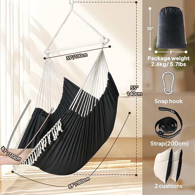 Chihee Hammock Chair 4.9ft x 3.9ft Max 500 Lbs Widen Hanging Swing 2 Cushions Included Metal Spreader Bar with Anti-Slip Grooves Portable Comfy Hanging Chair Side Pocket Bohemian Chair Indoor Outdoor