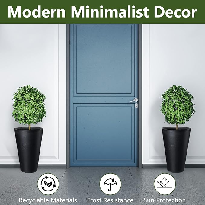 Sieral Set of 2 Tall Outdoor Planters 12 x 18 Inch Large Resin Outdoor Planters for Front Porch Flower Round Floor Decorative Indoor Pots with Drainage(Black)