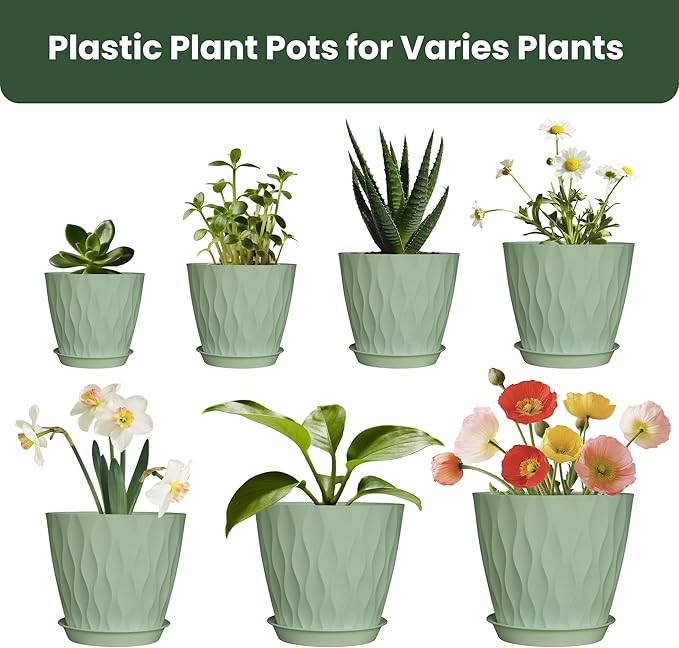 Plastic Plant Pots, 7/6.5/6/5.5/5/4.5/4 inch Flower Pots with Drainage Holes and Trays, 7 Pack Planter for Indoor Outdoor Plants (Green)
