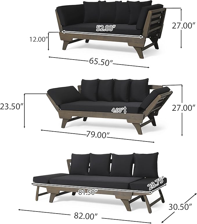 Merax Outdoor Patio Daybed Sofa,3-Seat Sofa with Foldable Arm 4 Back Pillows,Teak Acacia Wood Frame Beige Removable Cushion,Grey+Black