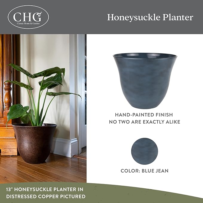 Classic Home and Garden Honeysuckle Resin Planters - Lightweight Indoor & Outdoor Plant Pots - UV-Resistant Plastic Flower Pots - Pot Planters for Flowers & Herbs (13", Blue Jean)