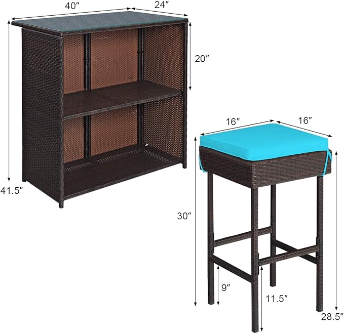 Tangkula Patio Bar Set, 3 Piece Outdoor Rattan Wicker Bar Set with 2 Cushions Stools & Glass Top Table, Outdoor Furniture Set for Patios Backyards Porches Gardens Poolside (Turquoise)
