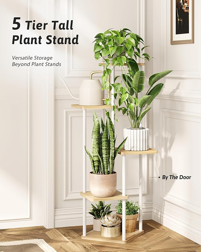 Tall Plant Stand Indoor 5 Tiered Plant Shelf for Multiple Plants Coner Shelf Stand Wood Plant Stand Metal Shelving for Living Room Bedroom Balcony Patio White