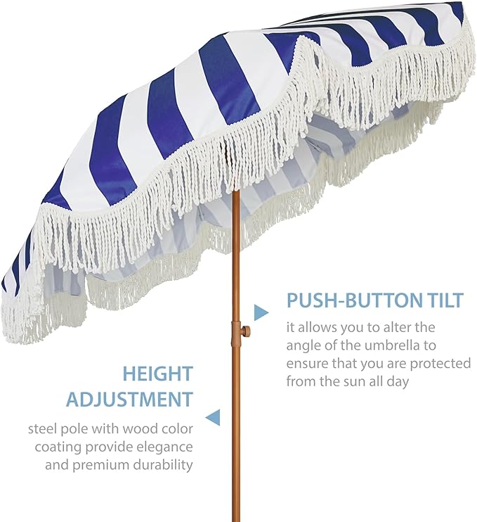 AMMSUN Boho Fringe Umbrella Outdoor Patio, 6.5ft UPF50+ Picnic Umbrella with Tassels with Steel Pole and Push Button Tilt, Navy Stripe