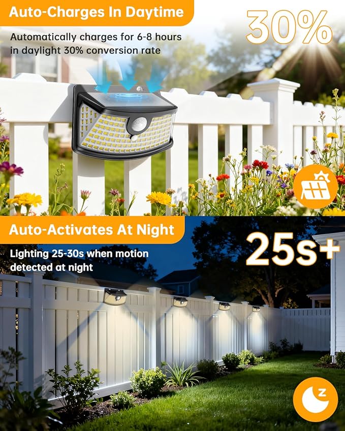 Aootek New Solar Motion Sensor Lights 120 LEDs with Lights Reflector,270° Wide Angle, IP65 Waterproof, Step Lights for Front Door, Yard, Garage, Deck (Black, Warm White, 2-Pack)