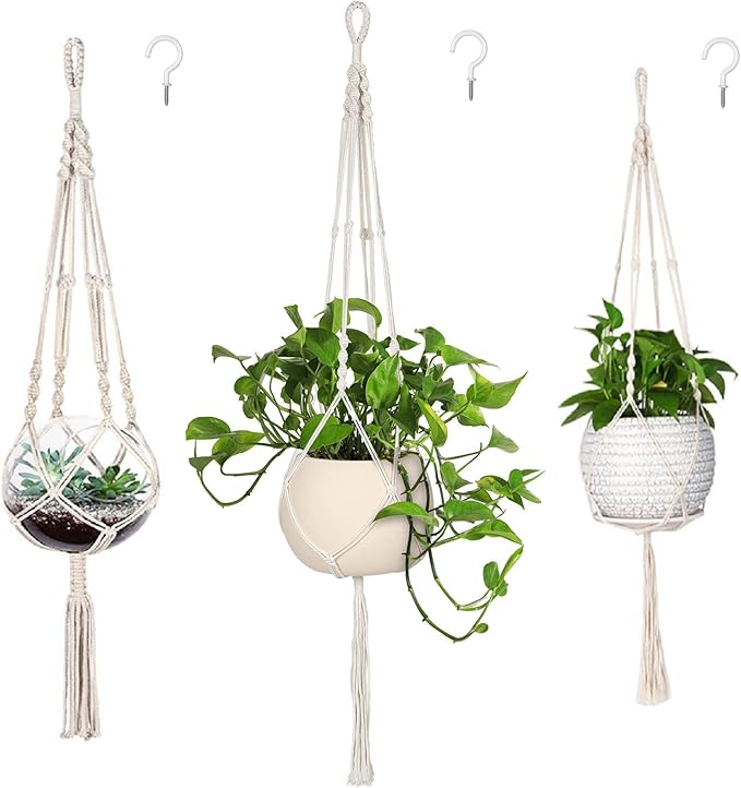 MIPON 3 Pack Macrame Plant Hanger Indoor Hanging Planter Holder with 3 Hooks, 46"/41"/34" Size for Boho Home Decor, Ivory (Pots Not Included)