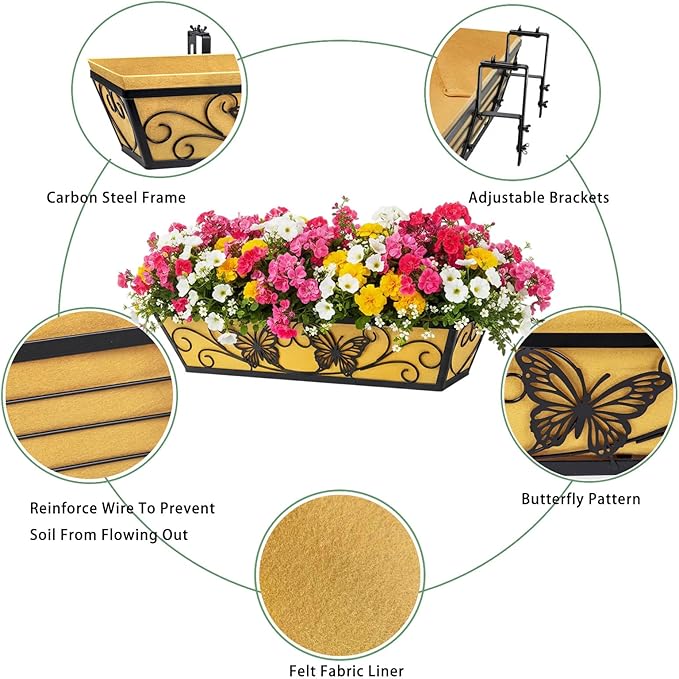 2 Pack 24 Inch Window Boxes Planter Railing Planters Box with Adjustable Brackets for Porch Deck Balcony Hanging Butterfly Decorative Flower Baskets & Non-Woven Fabric Liner for Outdoor Plants - Black