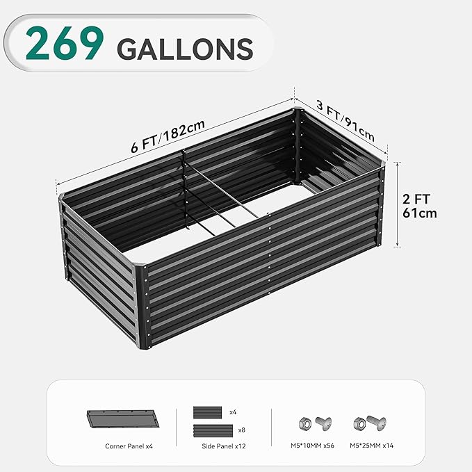 YITAHOME 6x3x2ft 2pcs Large Raised Garden Bed Kit, Galvanized Metal Planter Box with Gloves, Ground Nails, Support Rod, Outdoor Above Ground Planters for Plants Vegetables Flowers, Black