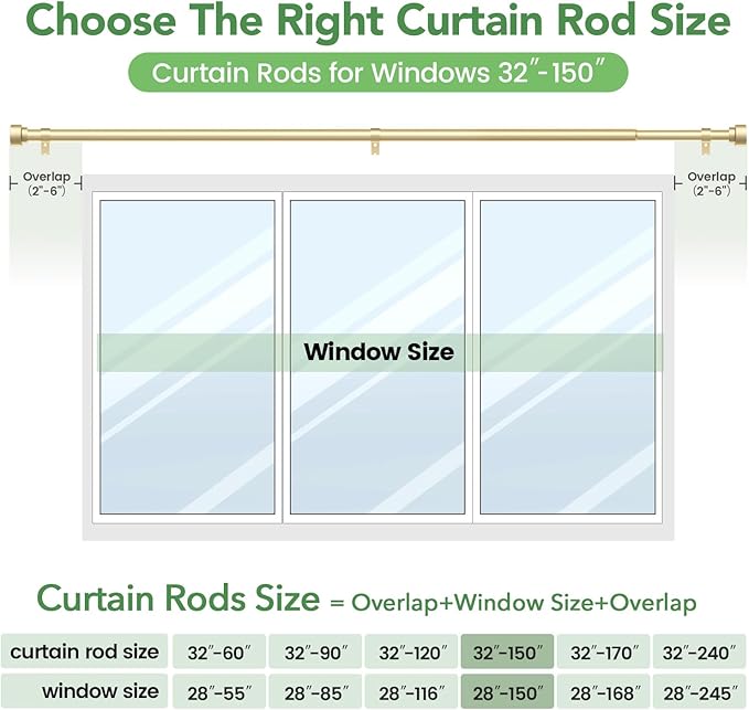 Curtain Rods for Windows 72 to 144, 1 Inch Adjustable Gold Heavy Duty Long Window Curtain Rod with End Caps, Modern Style Indoor Outdoor Drapery Rods for Patio Bedroom, Size 32" - 150"