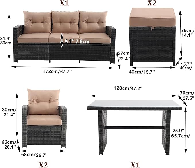 6 Pieces Patio Furniture Set - All-Weather Outdoor Wicker Sectional Conversation Sofa, Rattan Patio Seating Sofa Set with 4'' Cushion and Glass Table for Porch Poolside, Brown