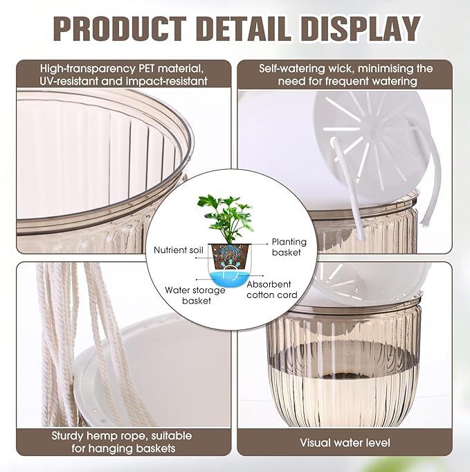 6 Pack Self Watering Hanging Planters Indoor Flower Pots(4.5 +6.5) Visible Water Level Markers 3 Hanging Ropes with Drainage Holes for Indoor Outdoor Garden Home Decor Supplies(Grey)