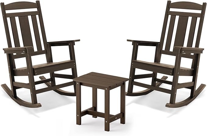 LUE BONA Outdoor Rocking Chairs Set, 3-Piece, Poly Porch Rockers with Table, Plastic Weather Resistant Rocking Chair Set for Outdoor Indoor, Garden, Backyard, 350lb, Brown, Chairs+Table