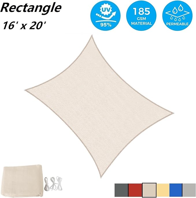 AsterOutdoor Sun Shade Sail Rectangle 16' x 20' UV Block Canopy for Patio Backyard Lawn Garden Outdoor Activities, Cream