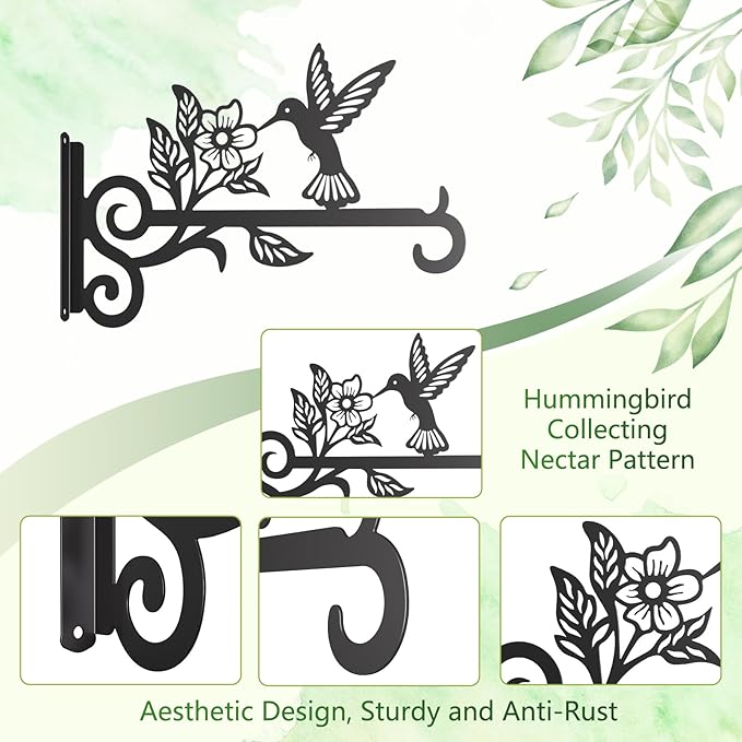 4-Pack Aesthetic Plant Hangers Outdoor – 10 Inch Metal Hanging Plant Bracket with Beautiful Hummingbird Pattern – Anti Rust Plant Hooks for Hanging Plants, Bird Feeder, Windchime, Lantern