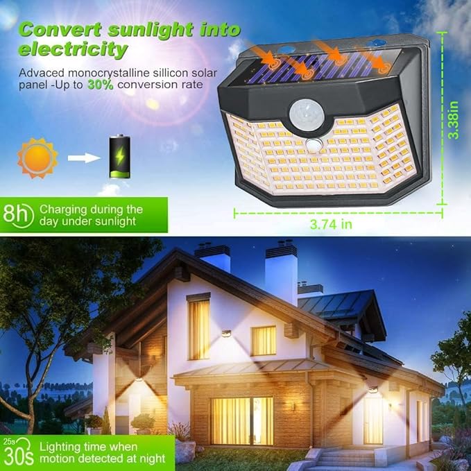 HMCITY 120 LED Outdoor Solar Lights- with Motion Sensor and 3 Lighting Modes, IP65 Waterproof Wide Solar Wall Lights Ideal for Garden Patio Yard (Front Button 4Packs, Black Shell-Warm White)