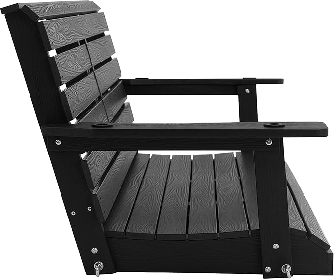 Poly Lumber 2-Seat Porch Swing, HIPS 4.5-Feet Bench Swing with Foldable Cup Holders,18/8 Stainless Steel Hardware, High Backrest and Deep Contoured Seat (Carbon Black, 4.5-feet)