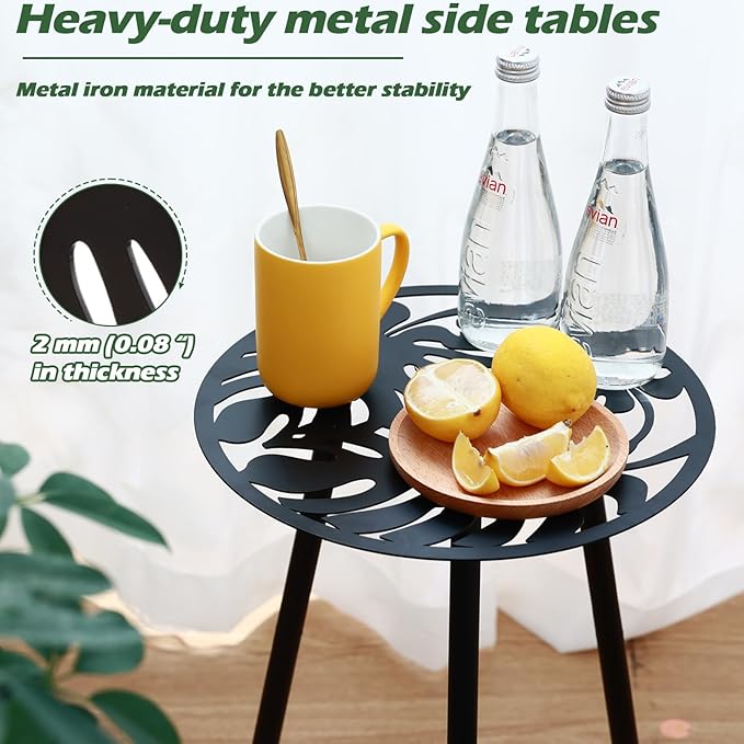 1 Pack Metal Outdoor Side Tables Small Outside Round End Table for Patio Modern Accent Garden Corner Table for Small Spaces, Balcony, Porch, Weather-Resistant, Plant Stand Indoor, Black