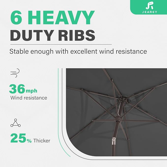 JEAREY 6.5x10 ft Rectangular Patio Umbrellas Rectangle Outdoor Umbrella with Push Button Tilt and Crank, Market Table Umbrella 6 Sturdy Ribs UV Protection for Poolside Garden Backyard Deck, Gray