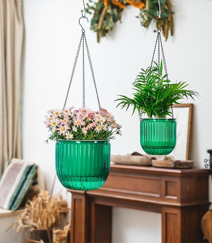 Josteve 5.2/8.2 Inch 2 Pcs Self Watering Hanging Planter Indoor Plant Pots Drainage Holes, Outdoor Small Hanging Planters Flower Pot Basket, Visible Water Level, Plant Hanger Home Decor, Gardening