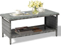 VINGLI Outdoor Wicker CoffeeTable Patio Coffee Tables for Outside, Tempered Glass Top Wicker Table with Storage Coffee Table for Patio Balcony Porch Deck (Gray)